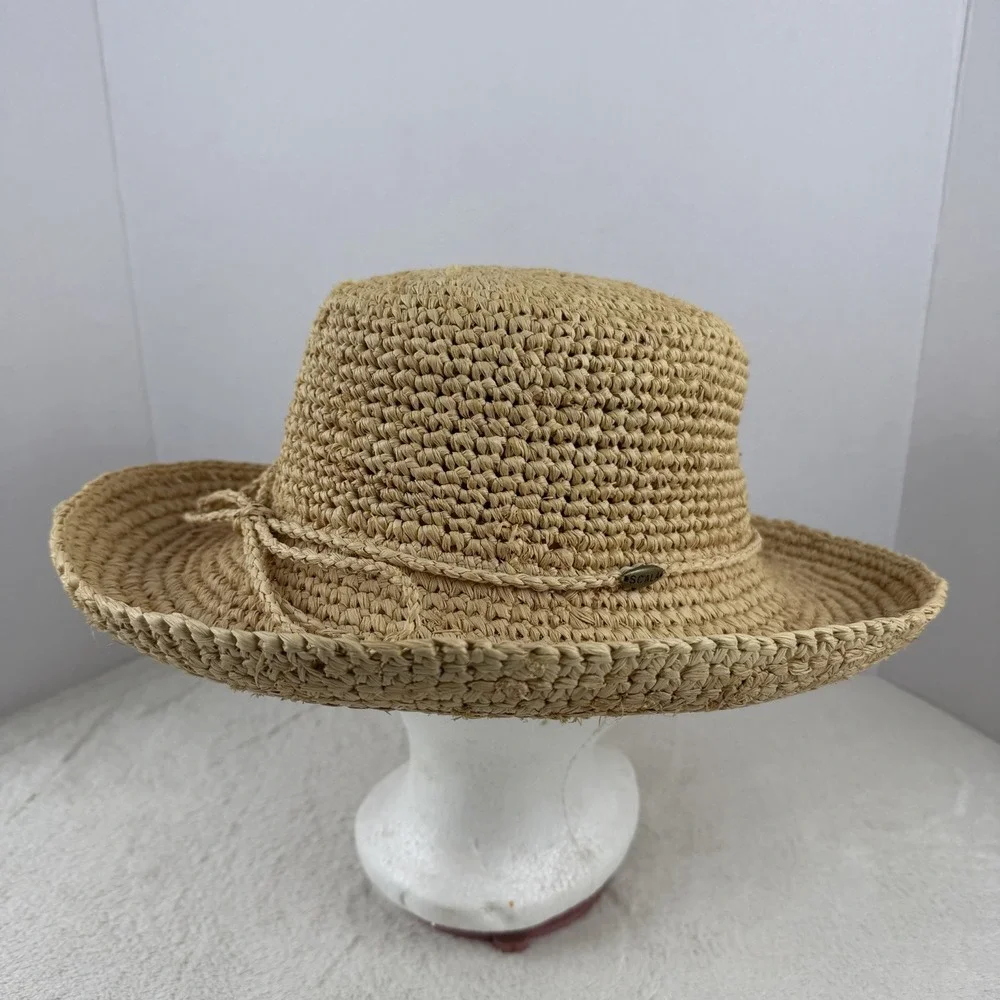 Scala Crocheted Twisted Raffia Straw Boater Hat with Drawstring One Size Natural